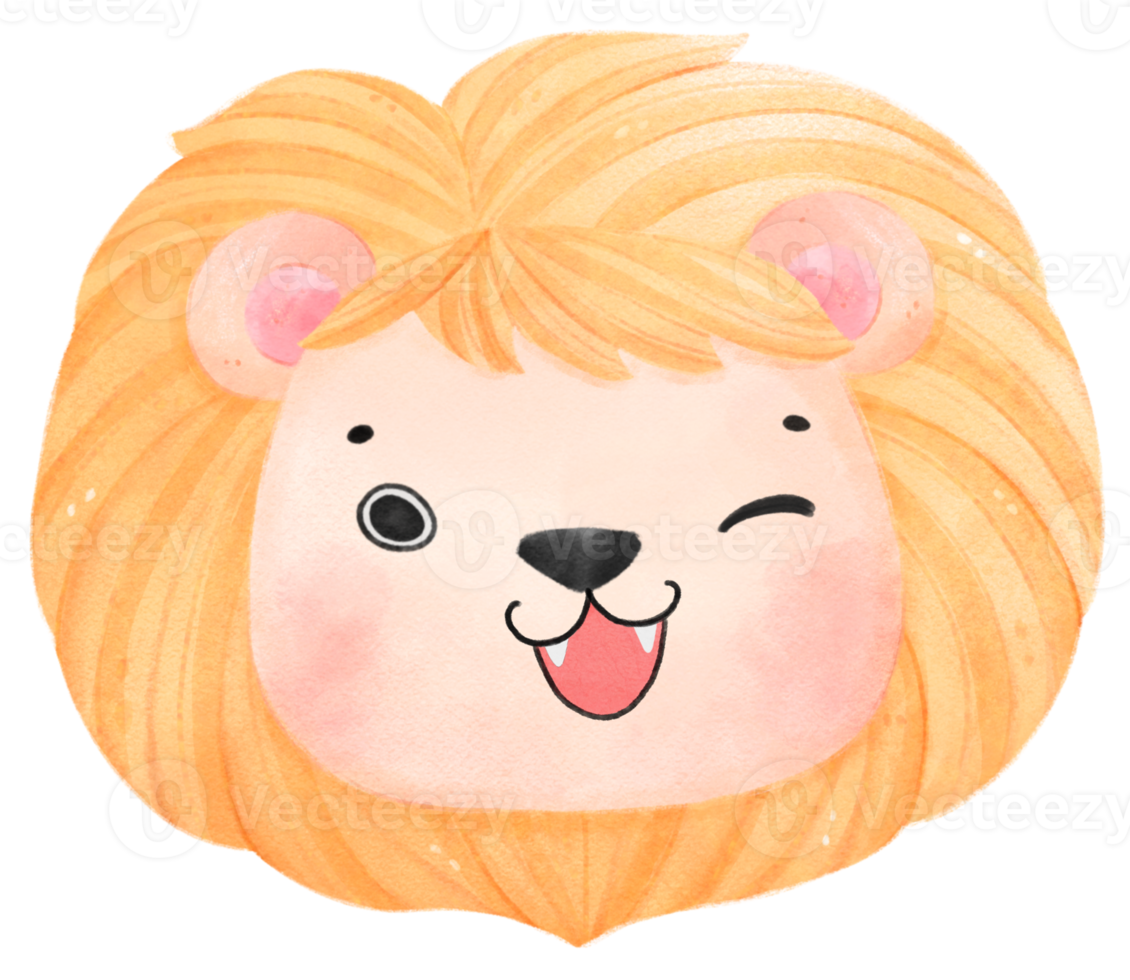 cute watercolour happy baby lion wildlife animal face head cartoon nursery illustration png