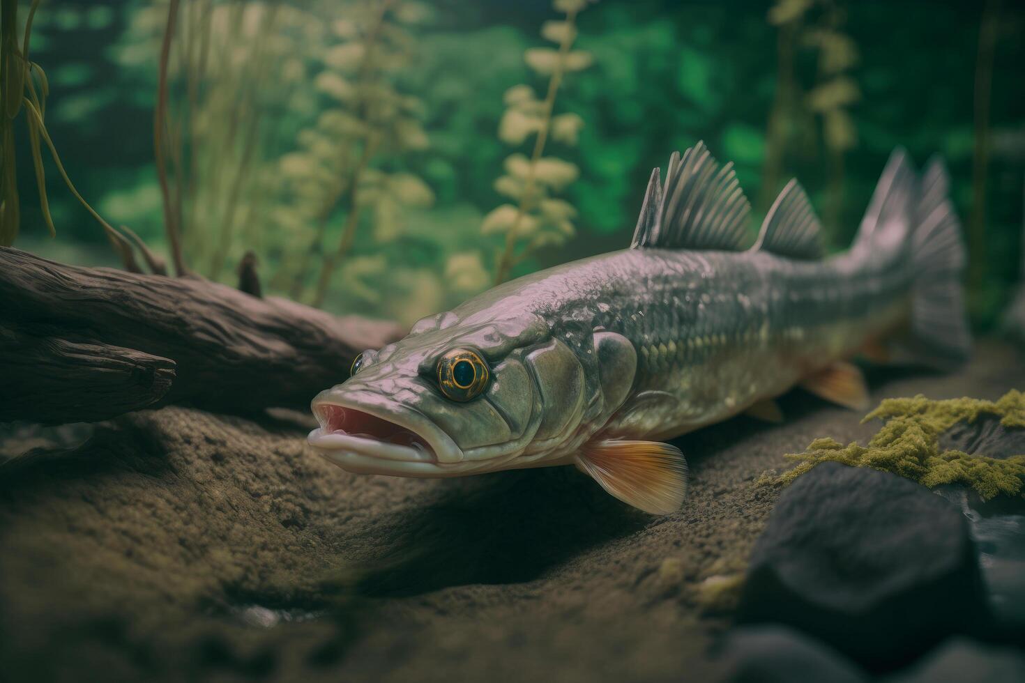 pesca. de cerca cerrar de un lucioperca pescado debajo agua. ilustración ai generativo foto