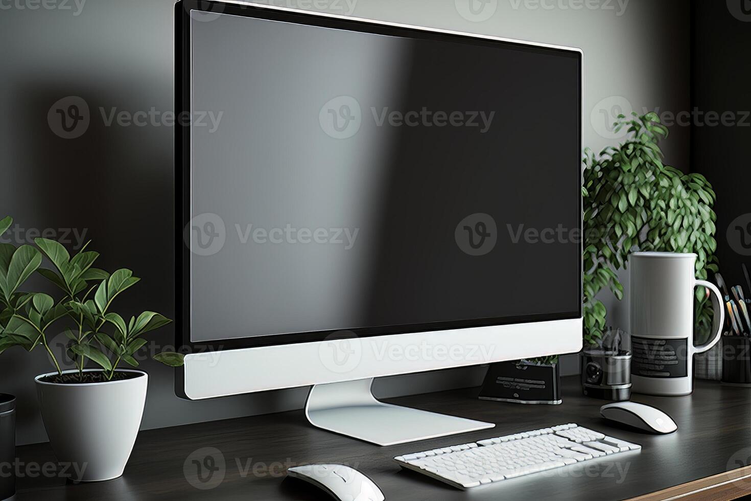 Mockup desktop computer display blank screen on desk. Illustration photo