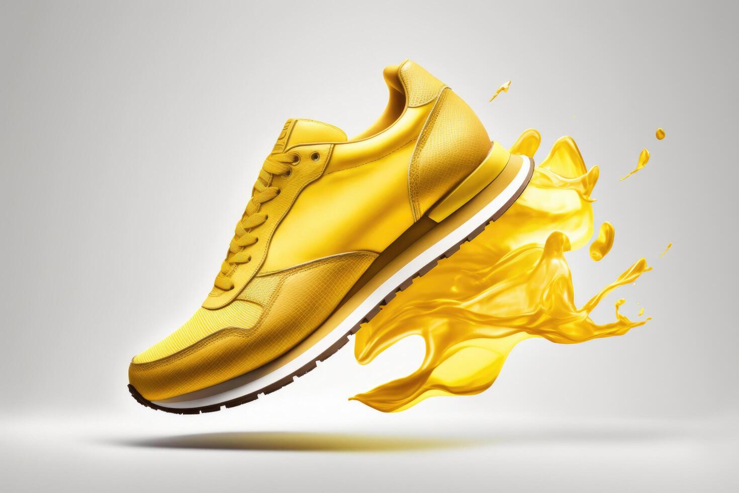 Flying yellow leather womens sneaker isolated on white background. Illustration photo