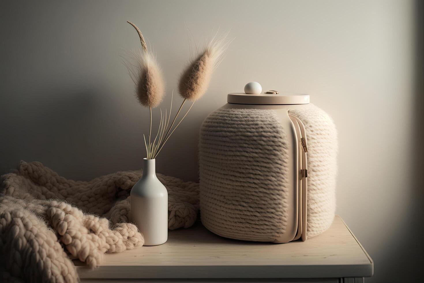 Rabbit tail grass in beautiful tan vase wooden storage. Illustration photo