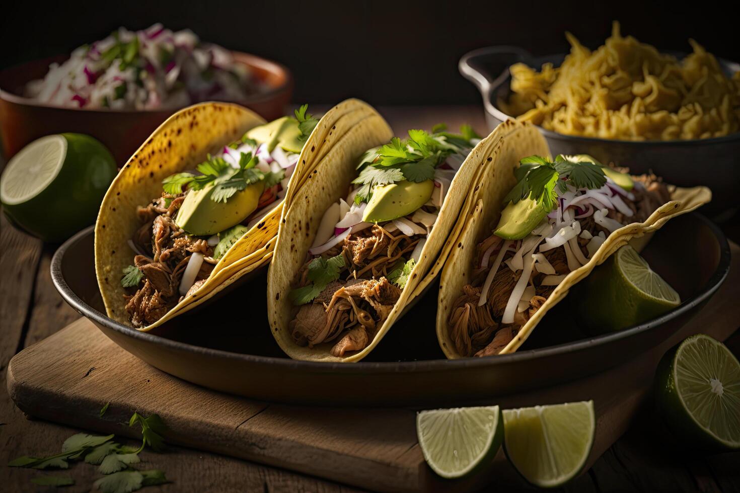 three pork carnitas street tacos in yellow corn tortilla. Illustration photo