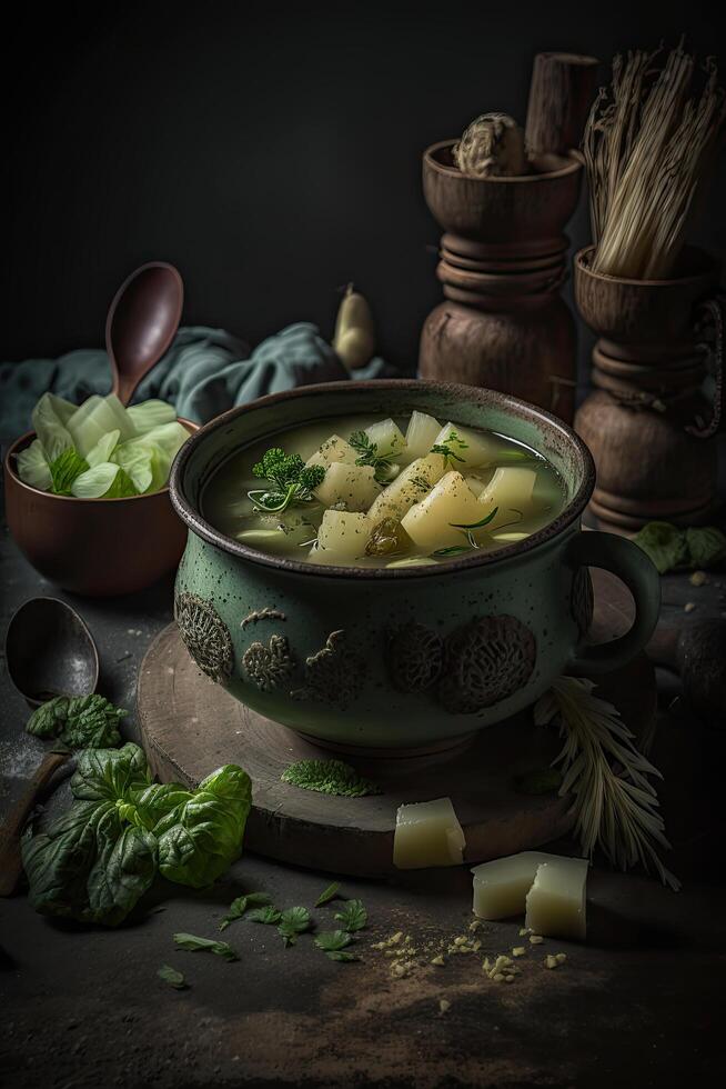 Potato and cabbage soup with croutons. Illustration photo