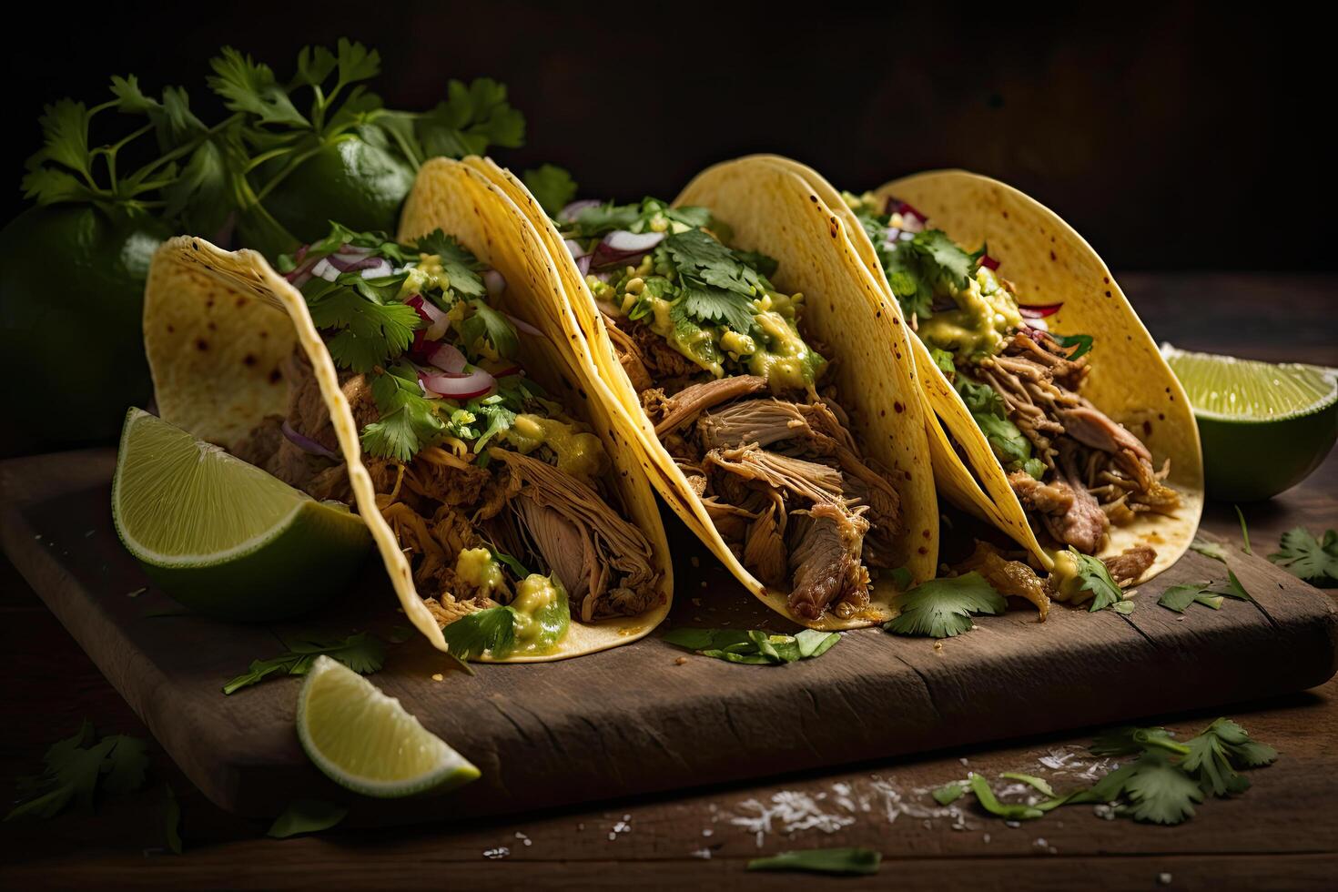 three pork carnitas street tacos in yellow corn tortilla. Illustration photo