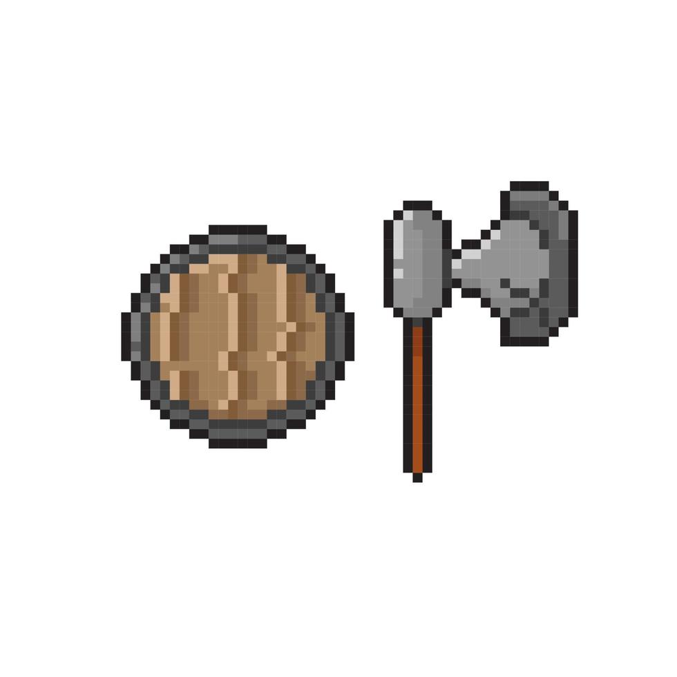 axe and wooden shield in  pixel art style vector