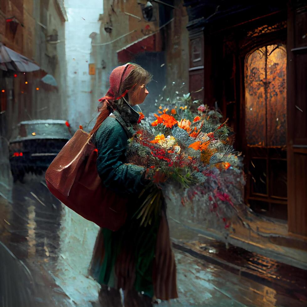 Woman walking in the rain with a bouquet of flowers. photo