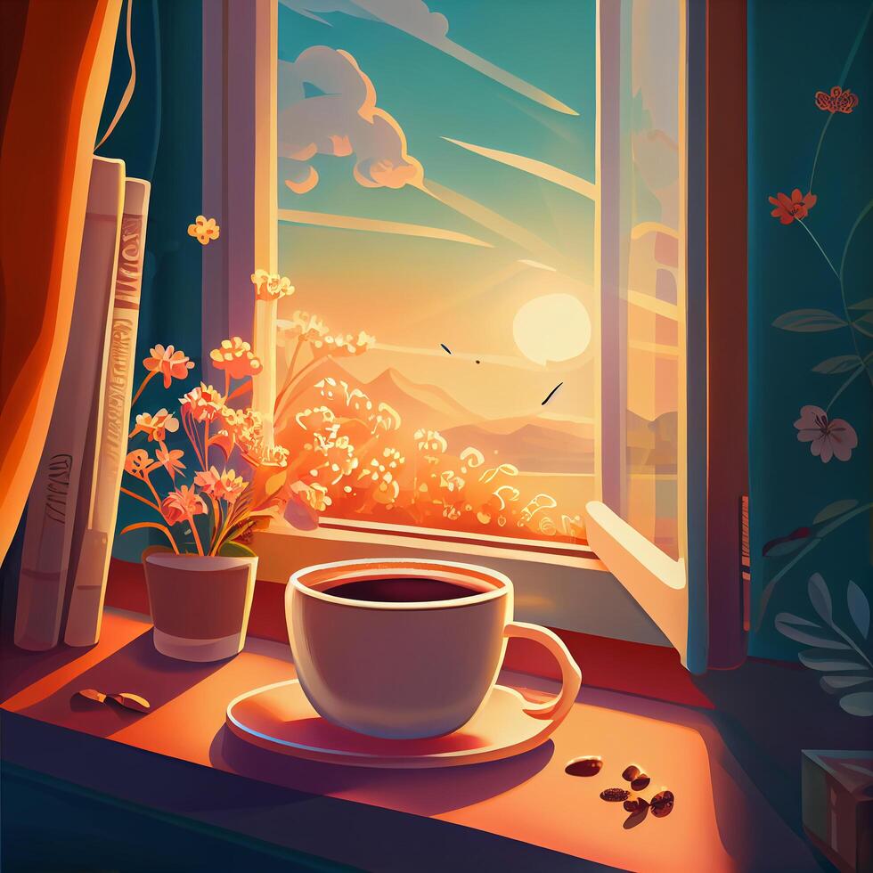 Good Morning with Cup of Coffee Cartoon Illustration photo