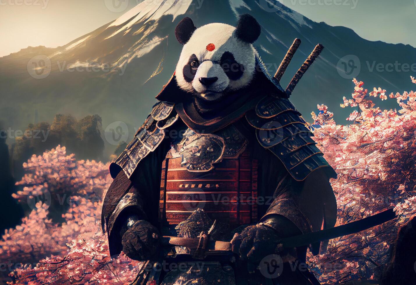 panda samurai and cherry blossoms on the mountain. photo