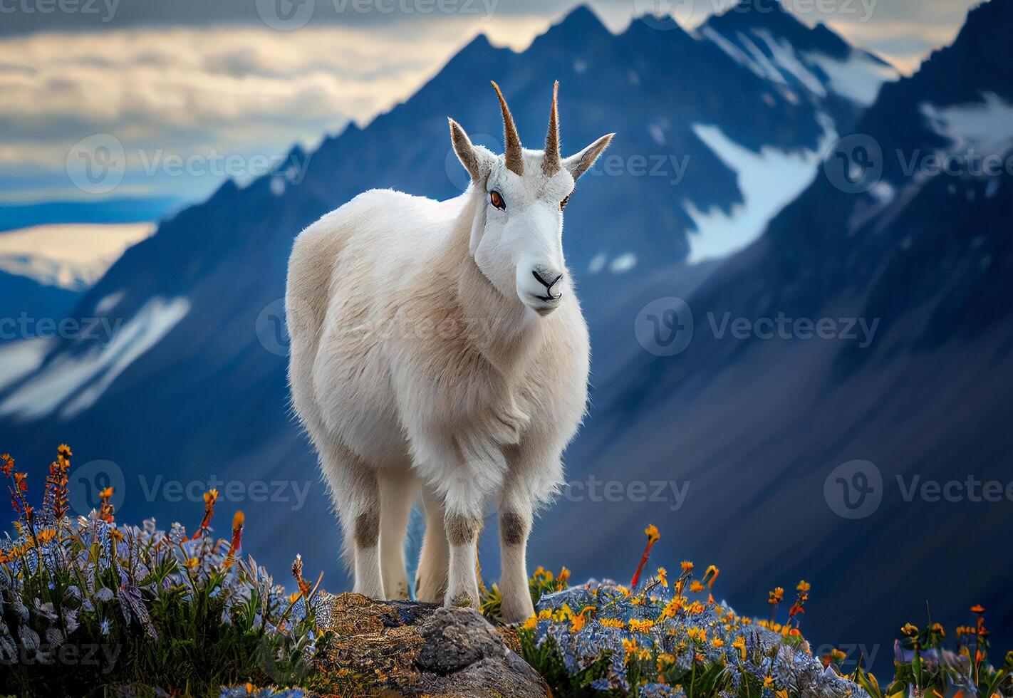 cute white mountain goat among the flowers on top of the rock. photo