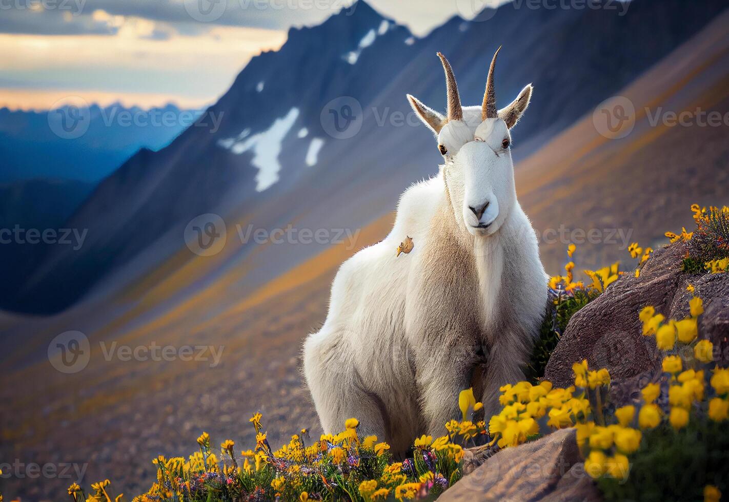 cute white mountain goat among the flowers on top of the rock. photo