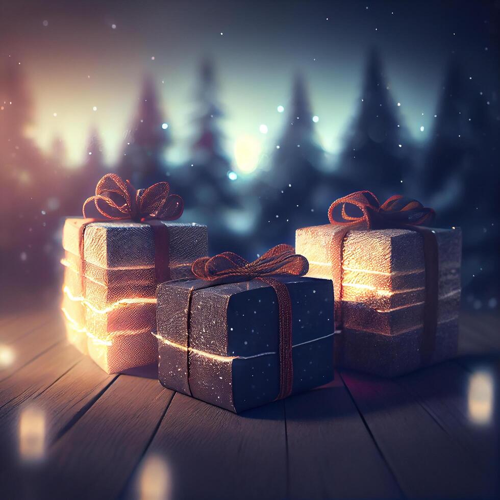 Gift Boxes on Wooden Background in Winter photo