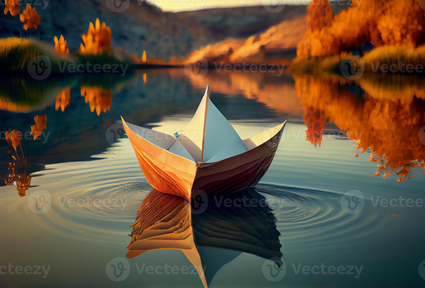 papel barco en el río entre el montañas. ai generado foto