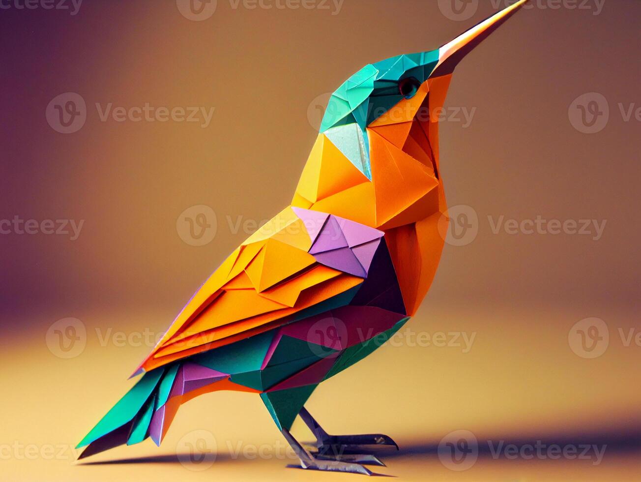 paper bird made of colored paper on a colored background. photo