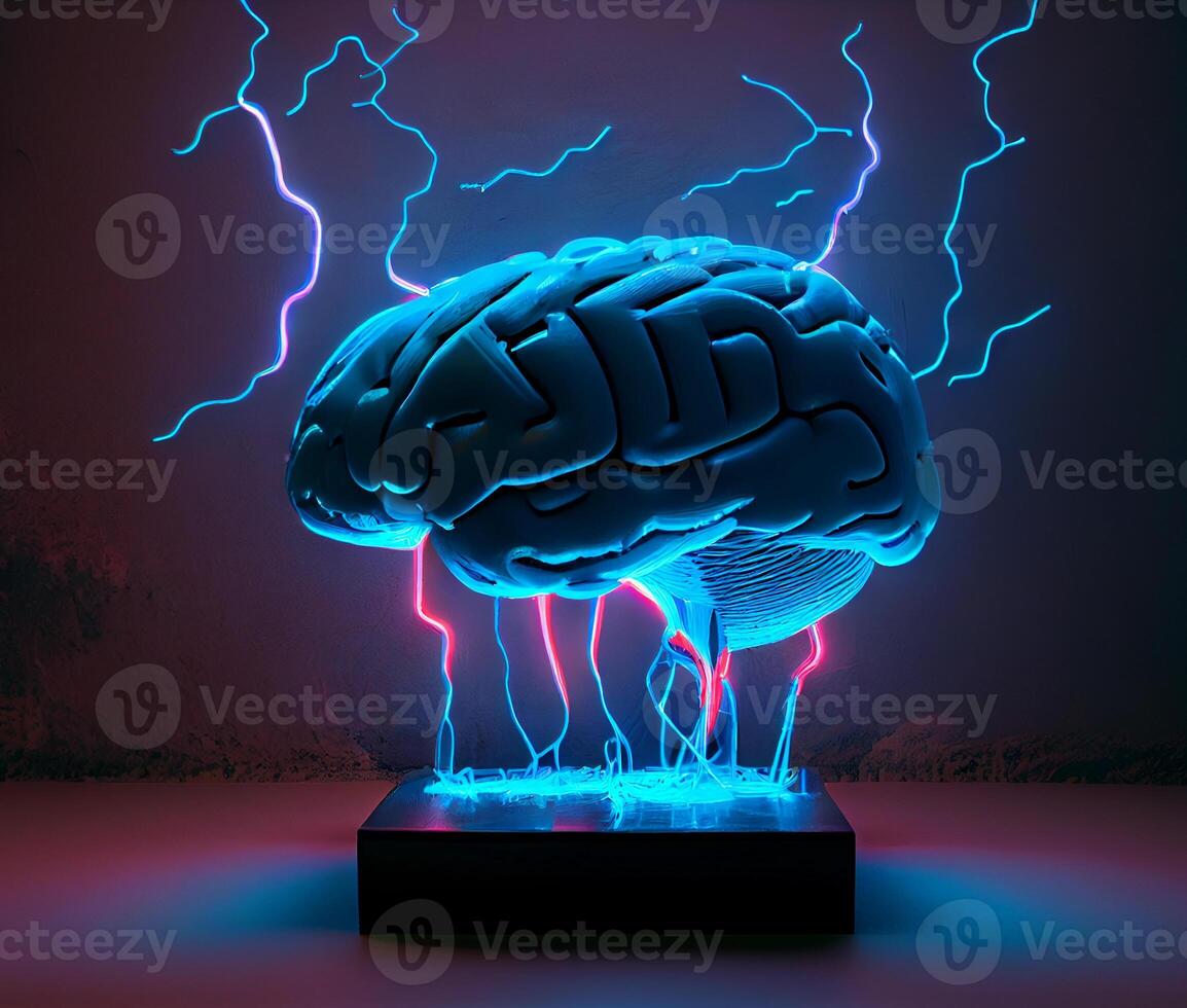 neon brain with active neurons. human thinking. photo