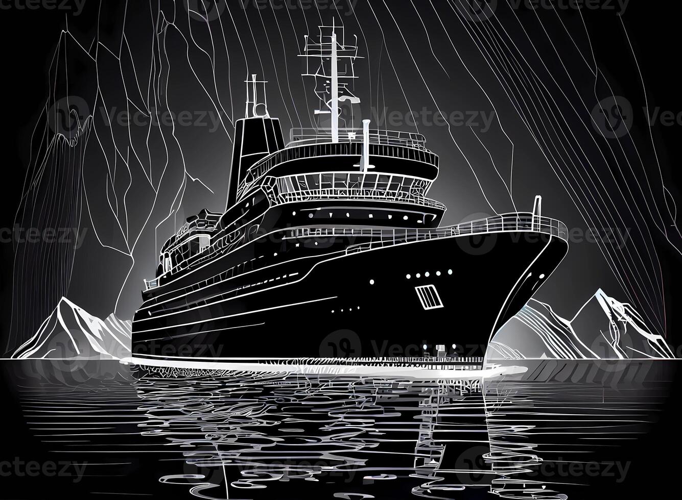 black linear icebreaker on a black background. ship at night illustration. photo