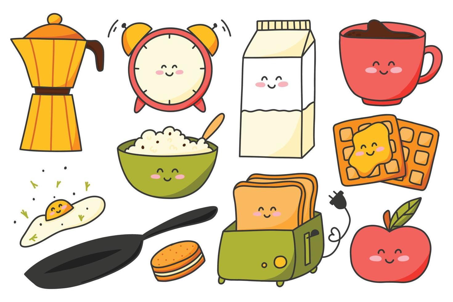 Set of good morning elements in kawaii style. Vector illustration. Collection of food for breakfast in cartoon style.