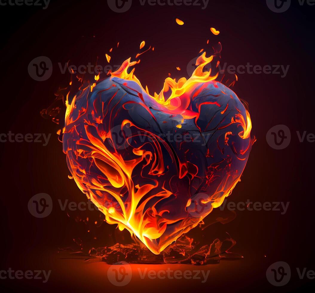 flaming heart on a dark background. unrequited love devouring fire. photo