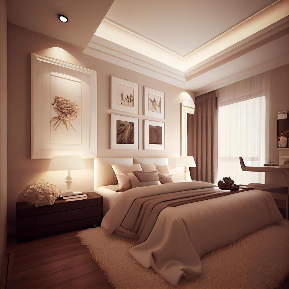 Beige Minimalist Modern Bedroom Interior Design. photo