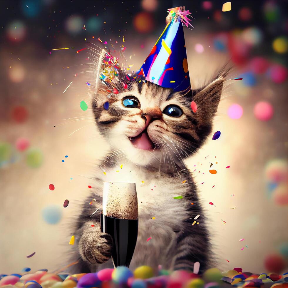 Happy Birthday Cat with Champagne Bottle. photo