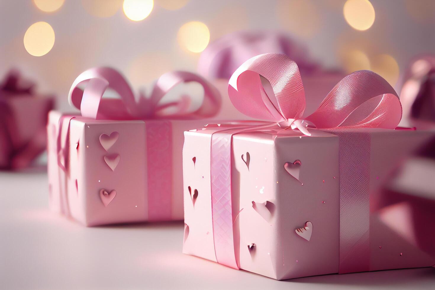 Pink Gif Boxes with Bow on Bokeh Background. photo