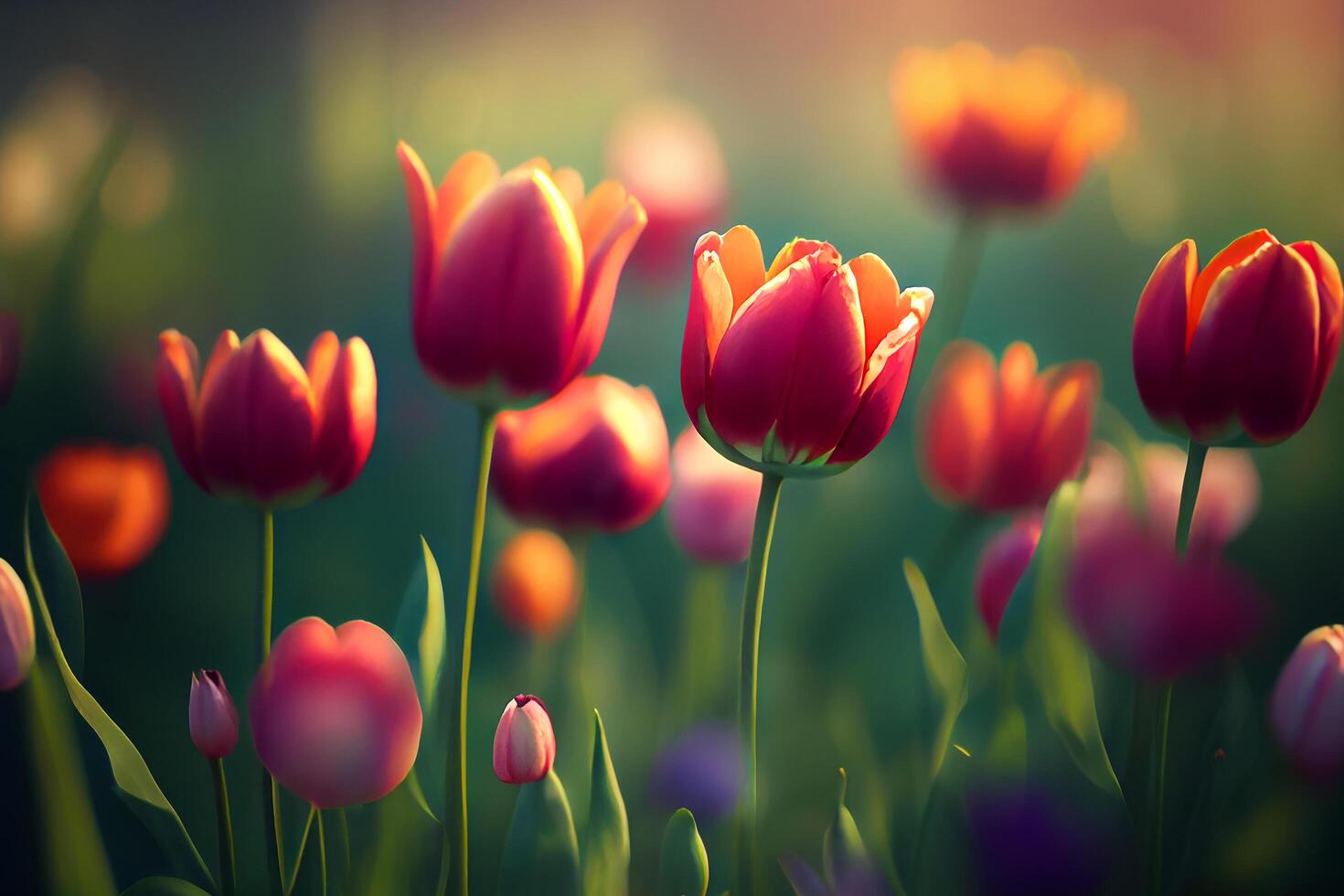 Natural spring light red tulips on green. Illustration photo