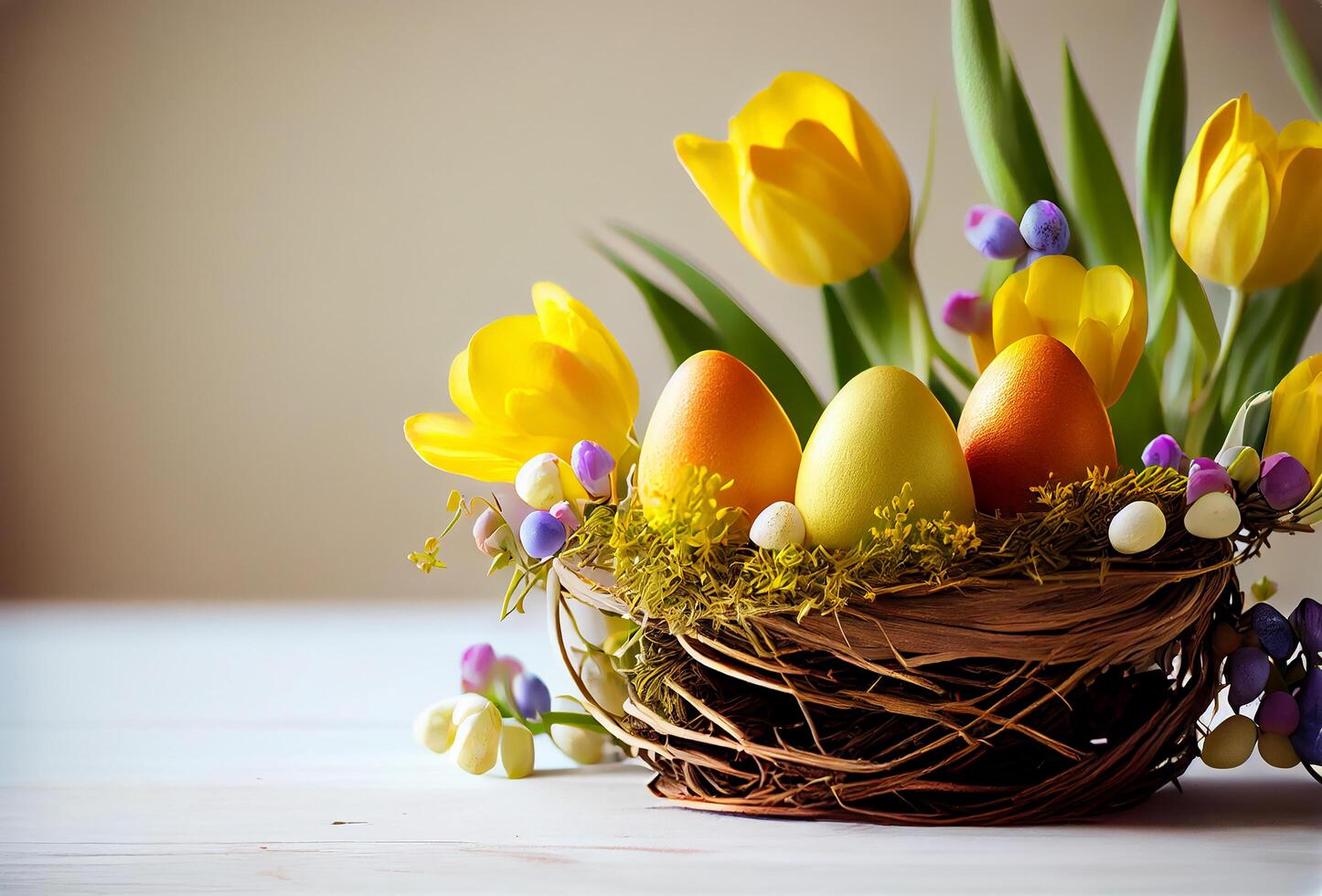 Happy Easter Greeting Background with Colorful Eggs. photo