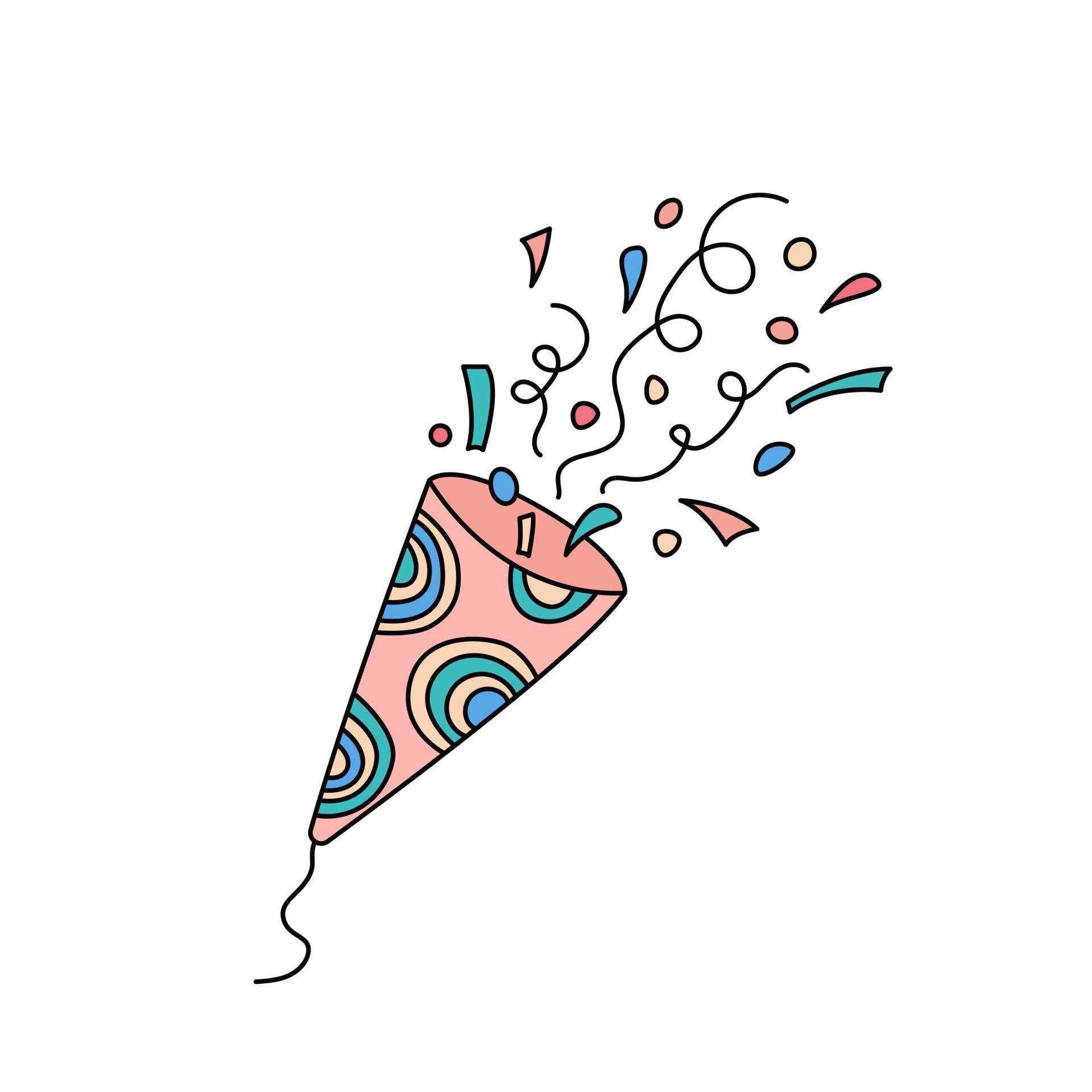 Happy birthday cracker. Party popper with confetti. Bday doodles