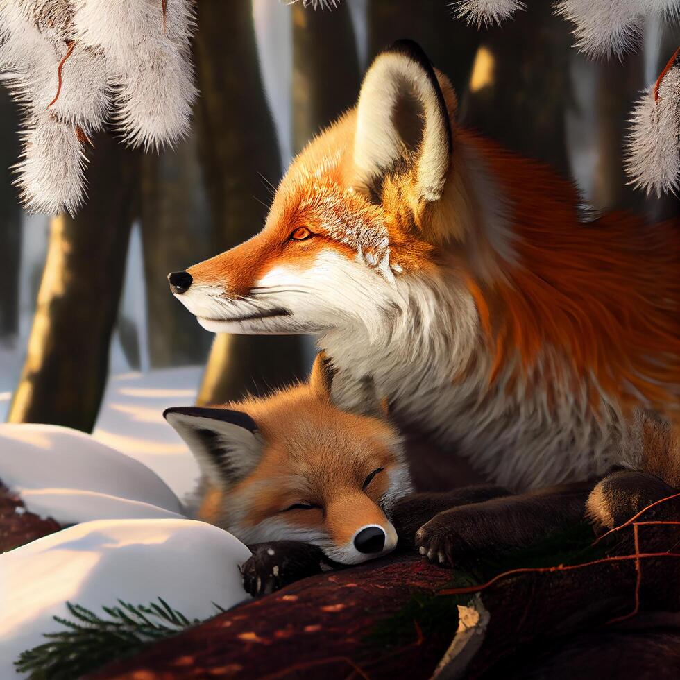 Fox and fox cub tumble in the Winter Forest. Illustration photo