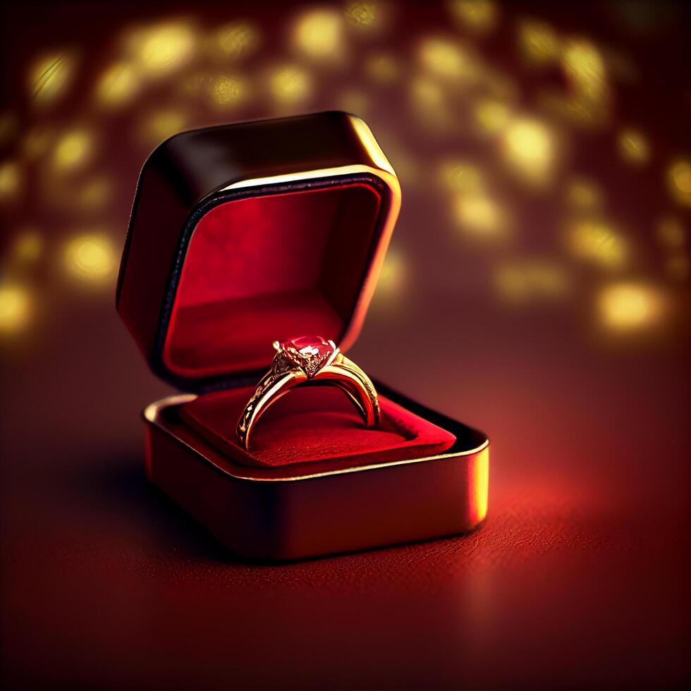 Gold wedding ring in red box. Illustration photo