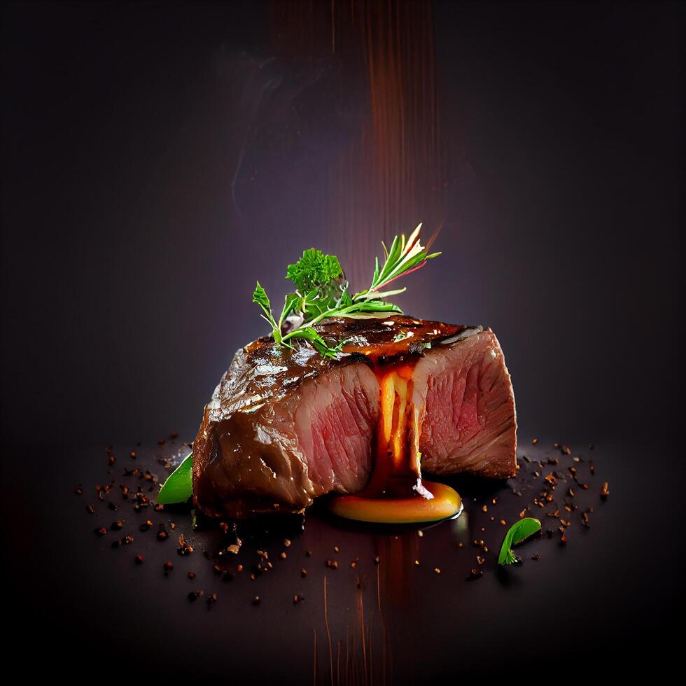 Delicious Hot Beef Steak on Fire on a Dark Background. Illustration photo