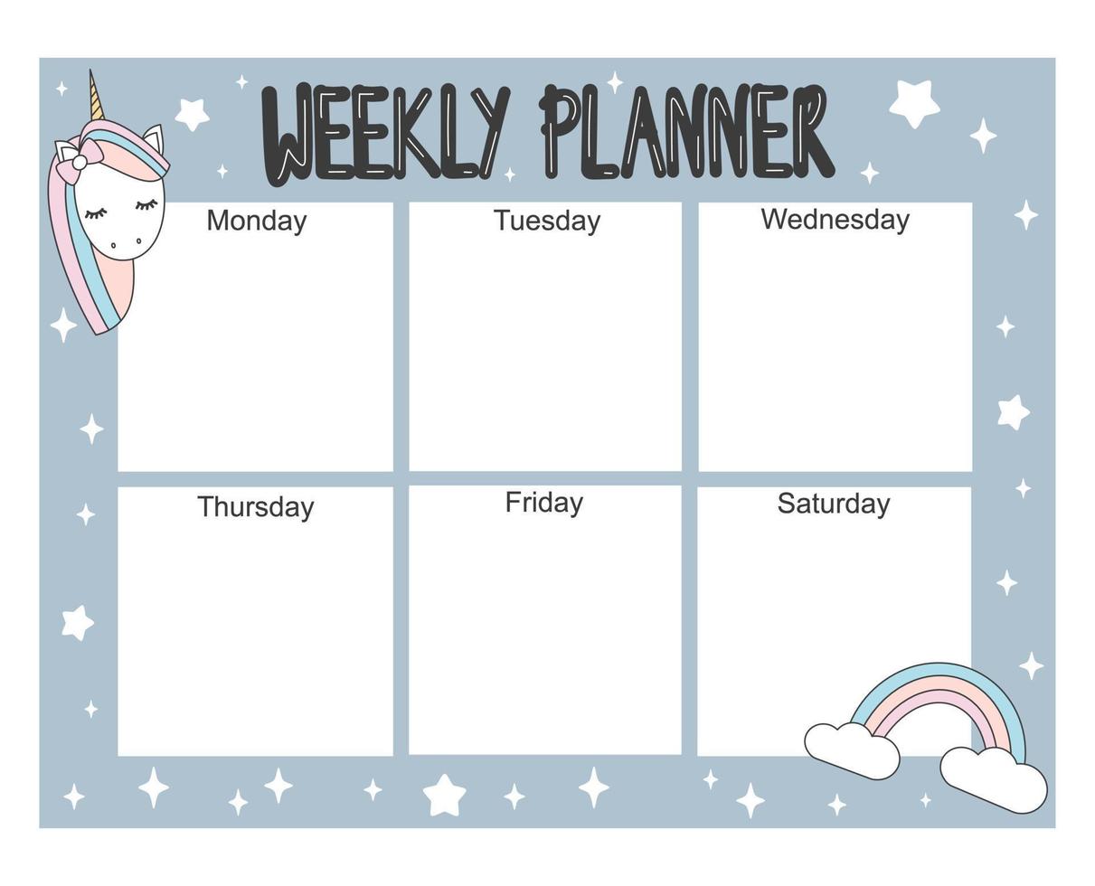 cute weekly planner vector design illustration with cartoon unicorn and rainbow