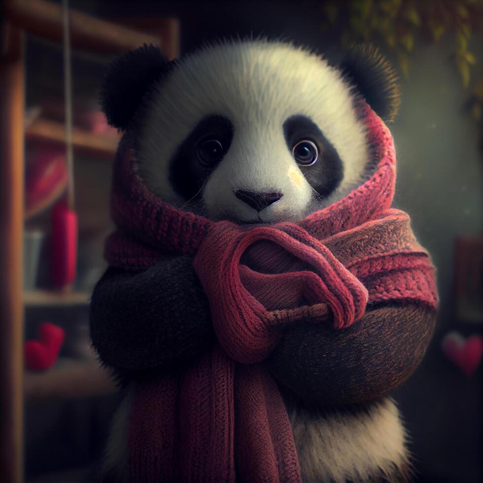 Cute Panda Wearing a Knitted Scarf. photo