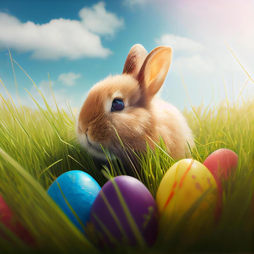 Happy Easter Greeting Background with Colorful Eggs and Bunny. photo