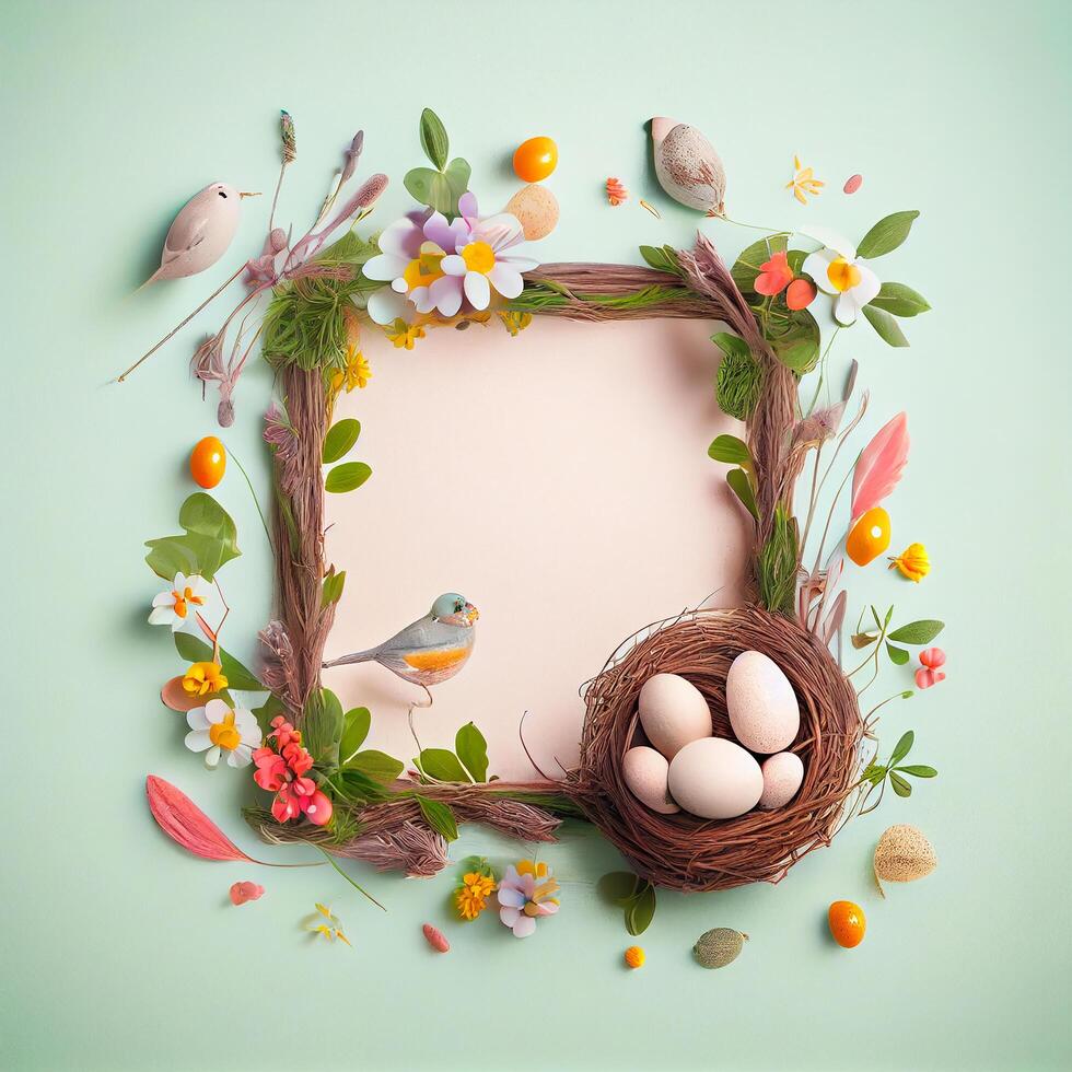 Frame Happy Easter concept with eggs. Illustration photo