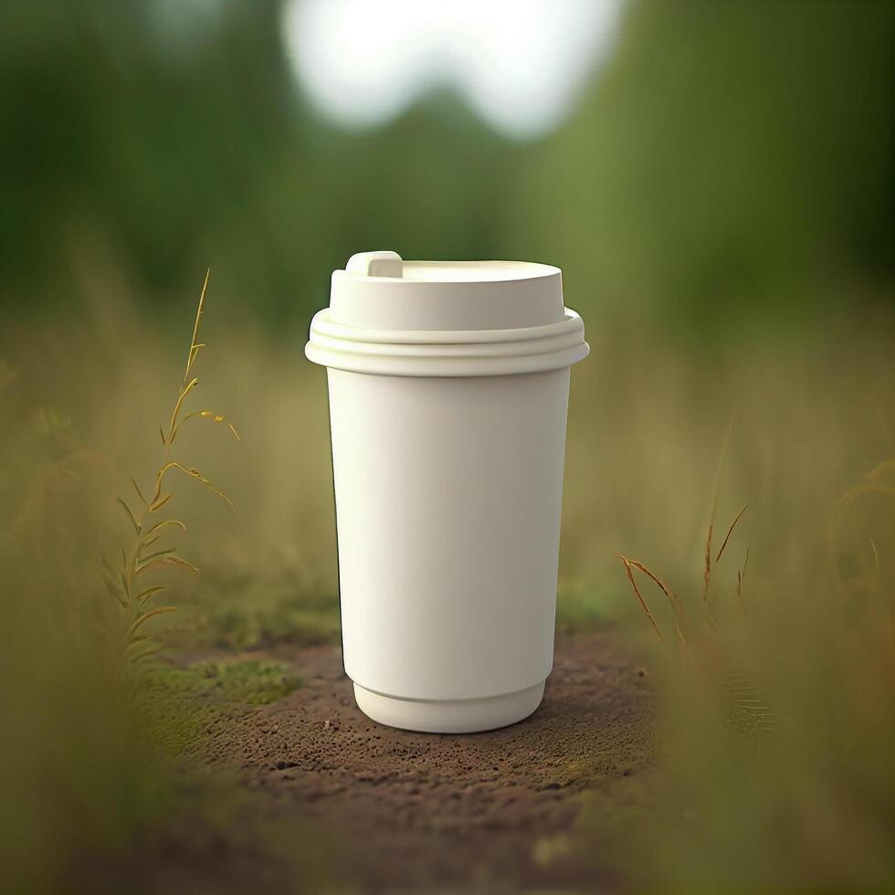 Coffee to go on a background with green plants. Illustration photo