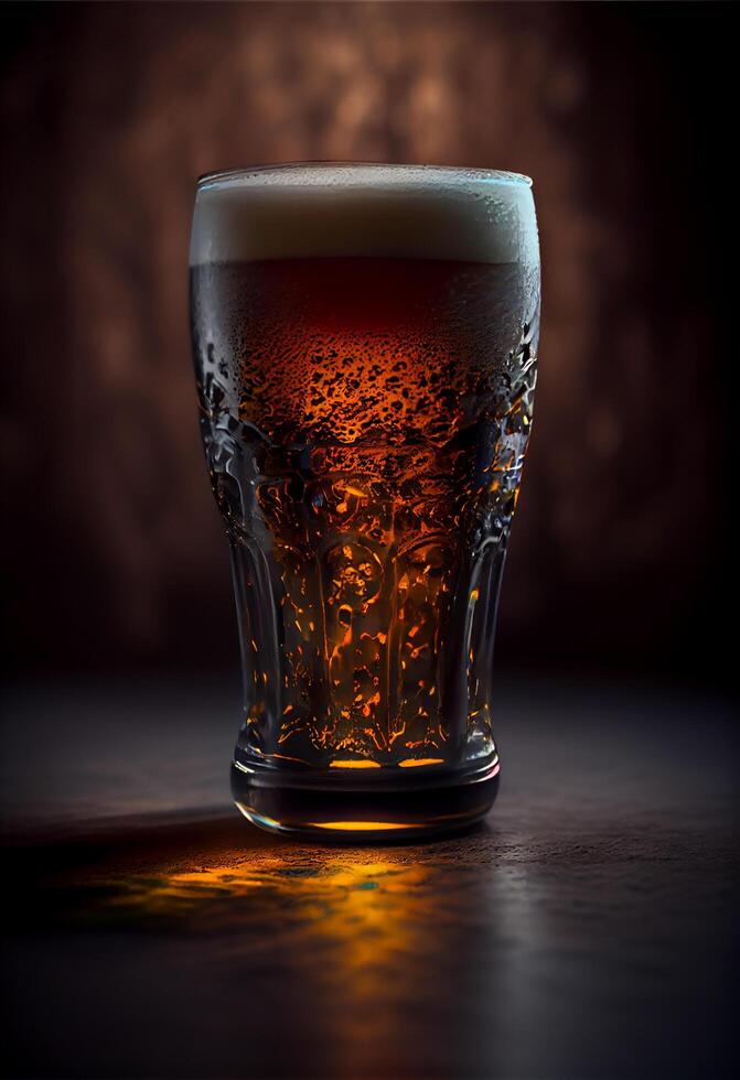 Glass of beer on dark floor in the foreground. Illustration photo
