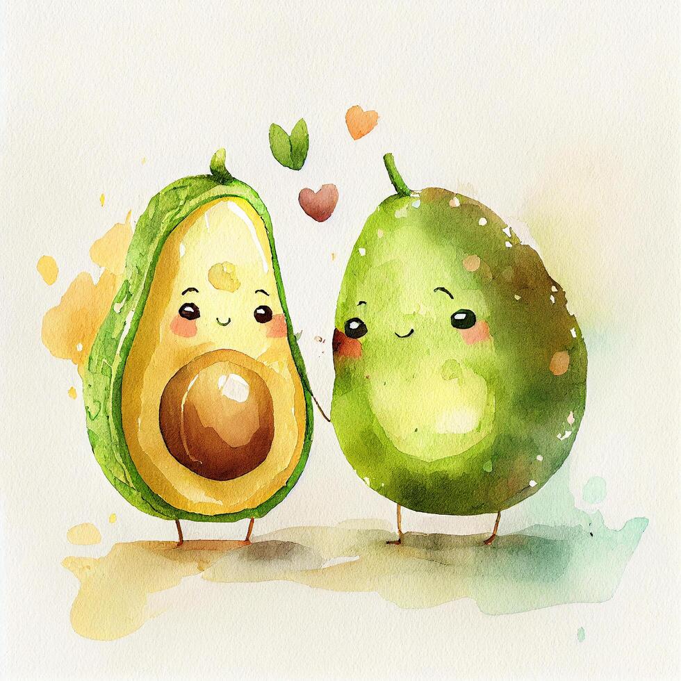 2 Watercolor Avocado in love on white Background. Illustration photo