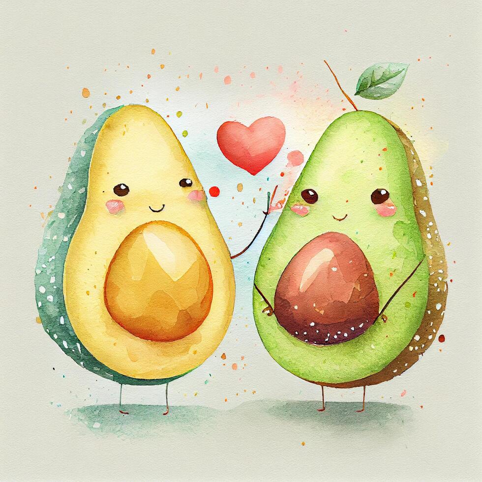 2 Watercolor Avocado in love on white Background. Illustration photo