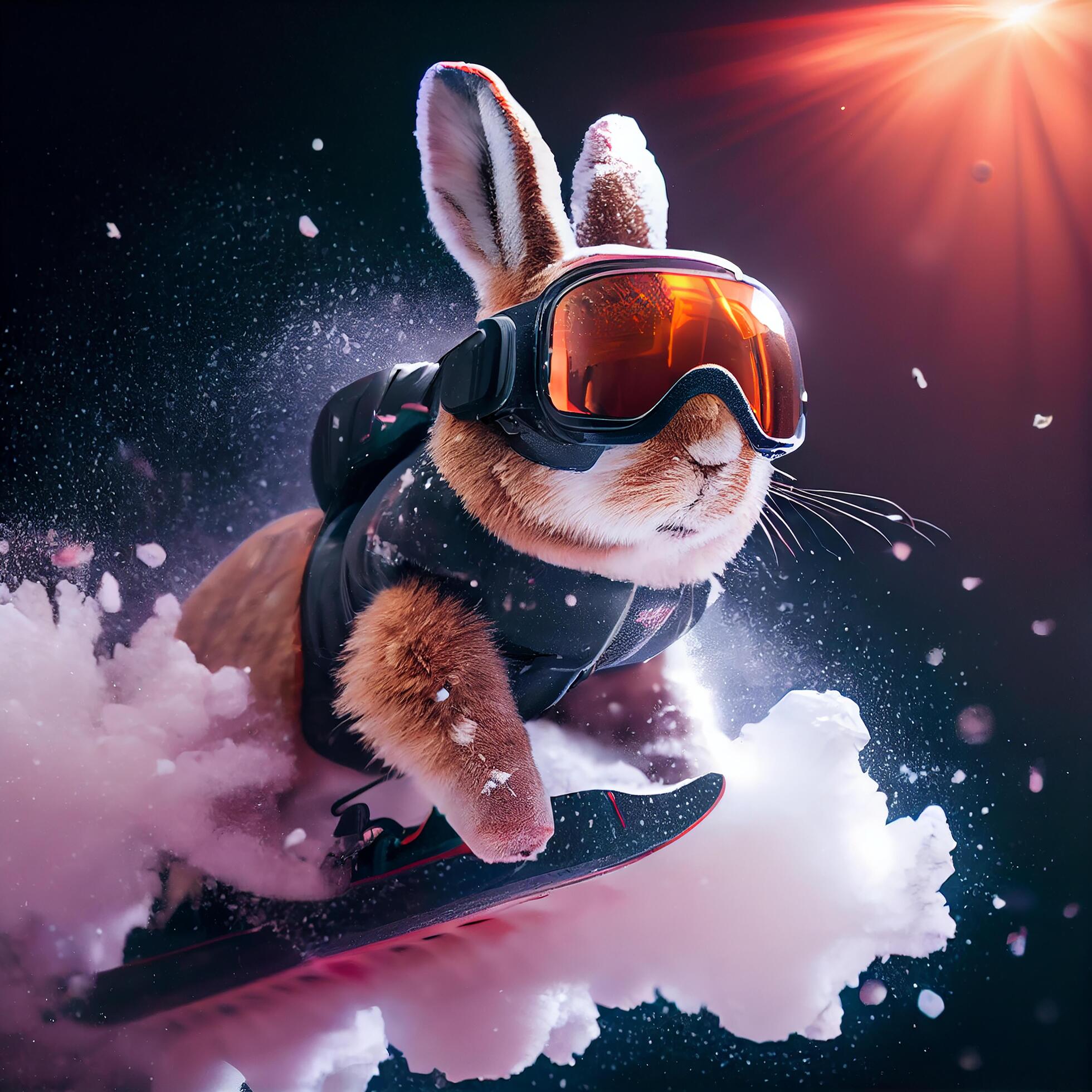 Cool Bunny in ski goggles rides a snowboard. Illustration Generative AI