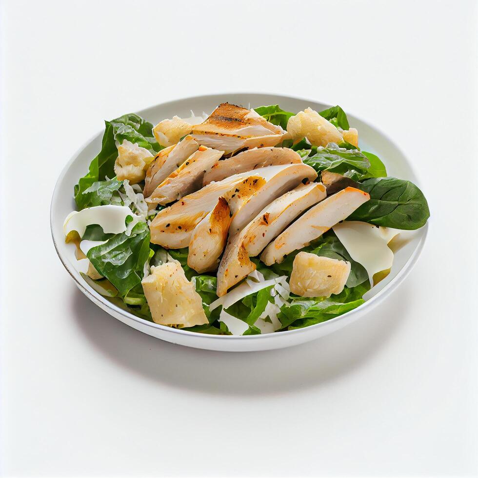 Caesar Salad with Chicken on a White Plate . Illustration photo