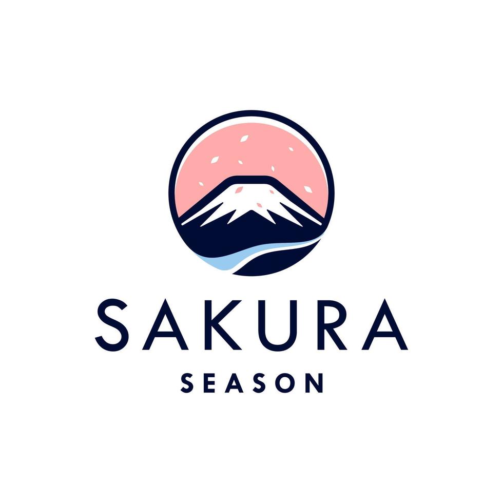cherry blossoms falls with mountain japan logo design icon vector illustration. fuji ice mountain with sakura fall flower season and pink sky logo illustration icon design in trendy badge style