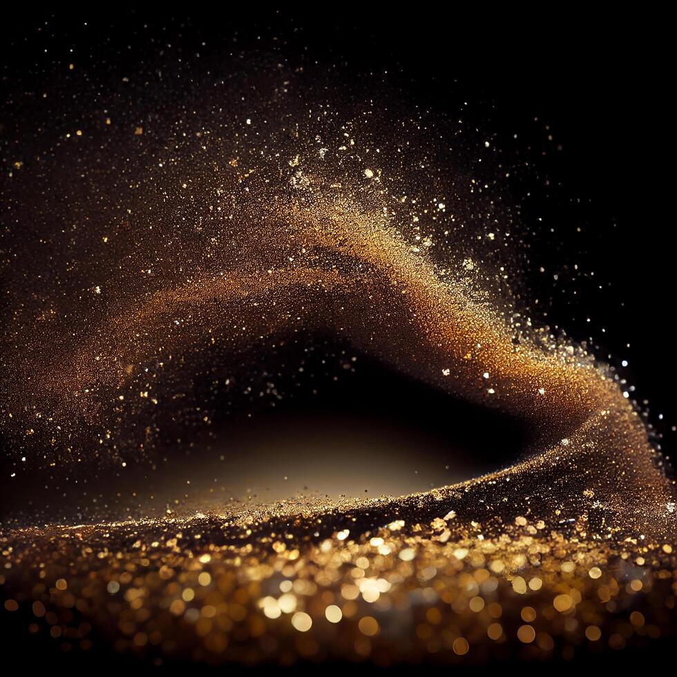 Golden Glitter Dust, Smoke on Black Background photo