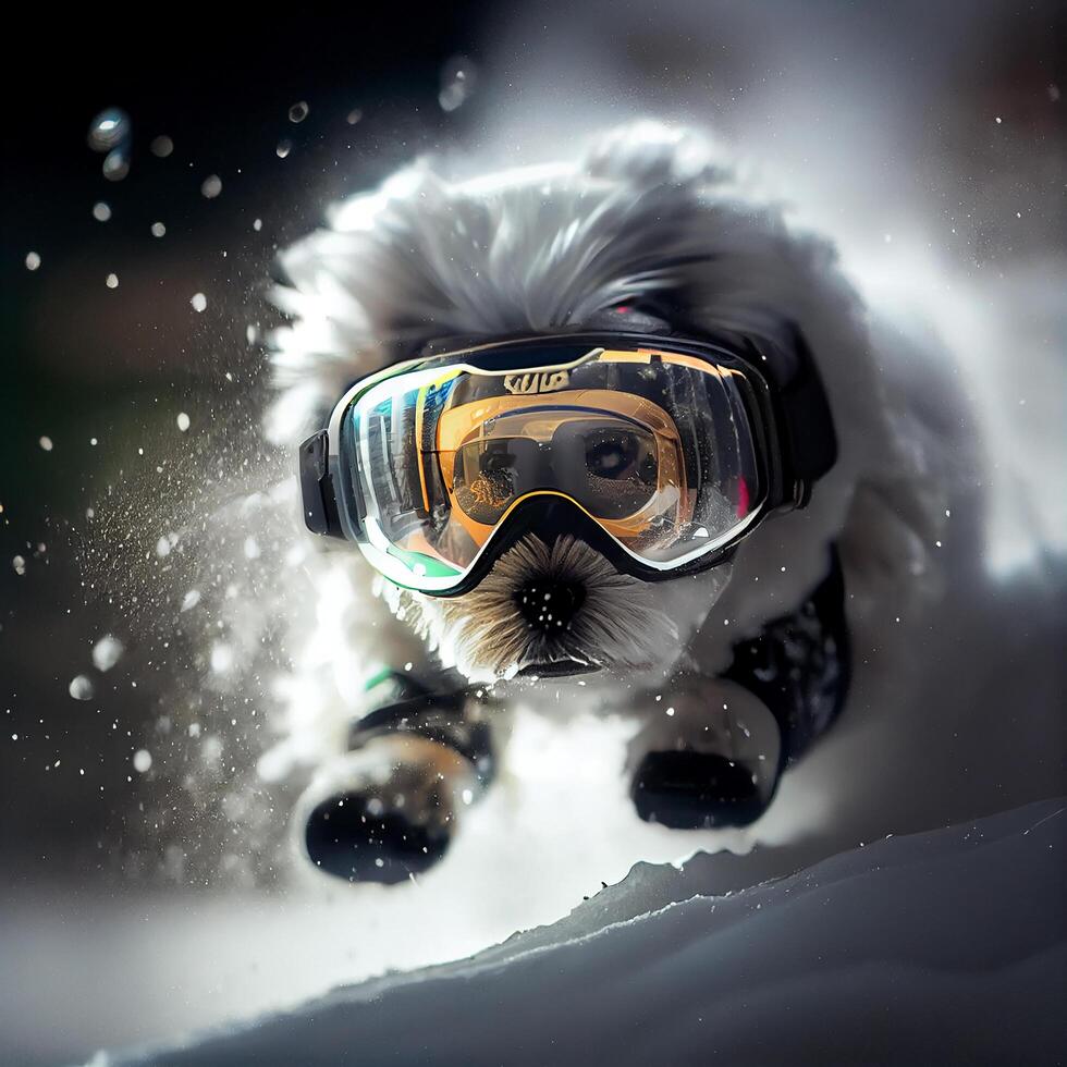 Cool Dog in ski goggles rides a snowboard. Illustration photo