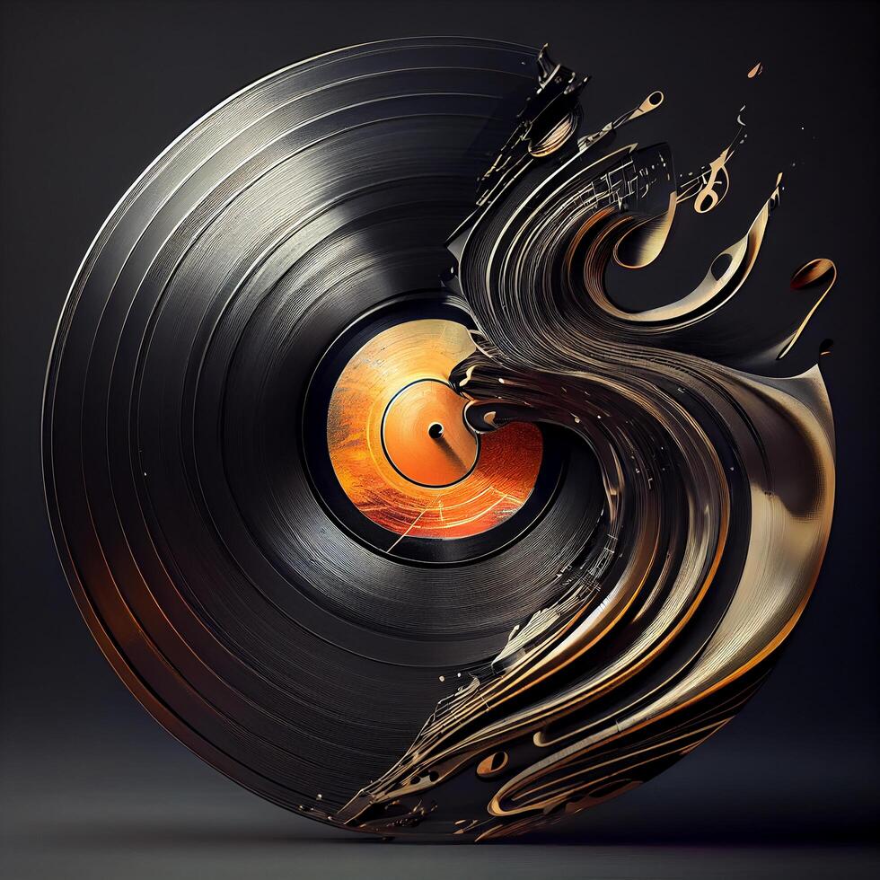 Music record falls apart on the side on musical notes. Illustration photo