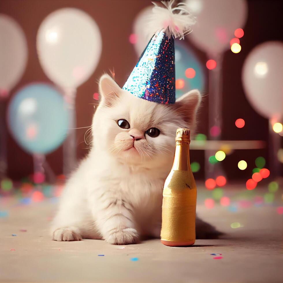 Happy Birthday Cat with Champagne Bottle. photo