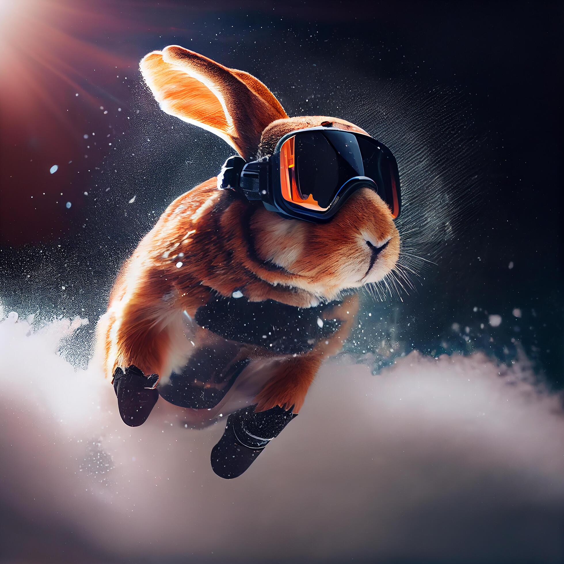 Cool Bunny in ski goggles rides a snowboard. Illustration Generative AI