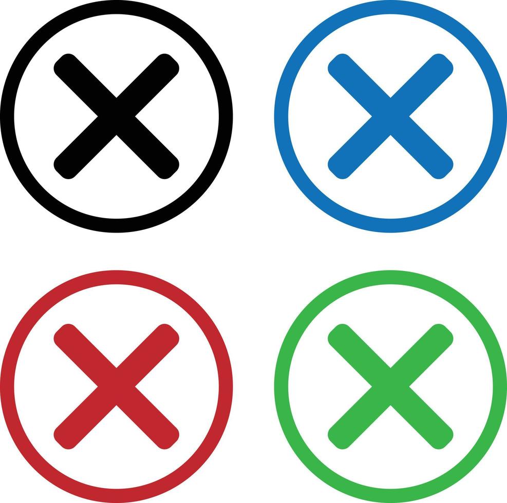 Cross Icon vector set in black , blue , red and green colors