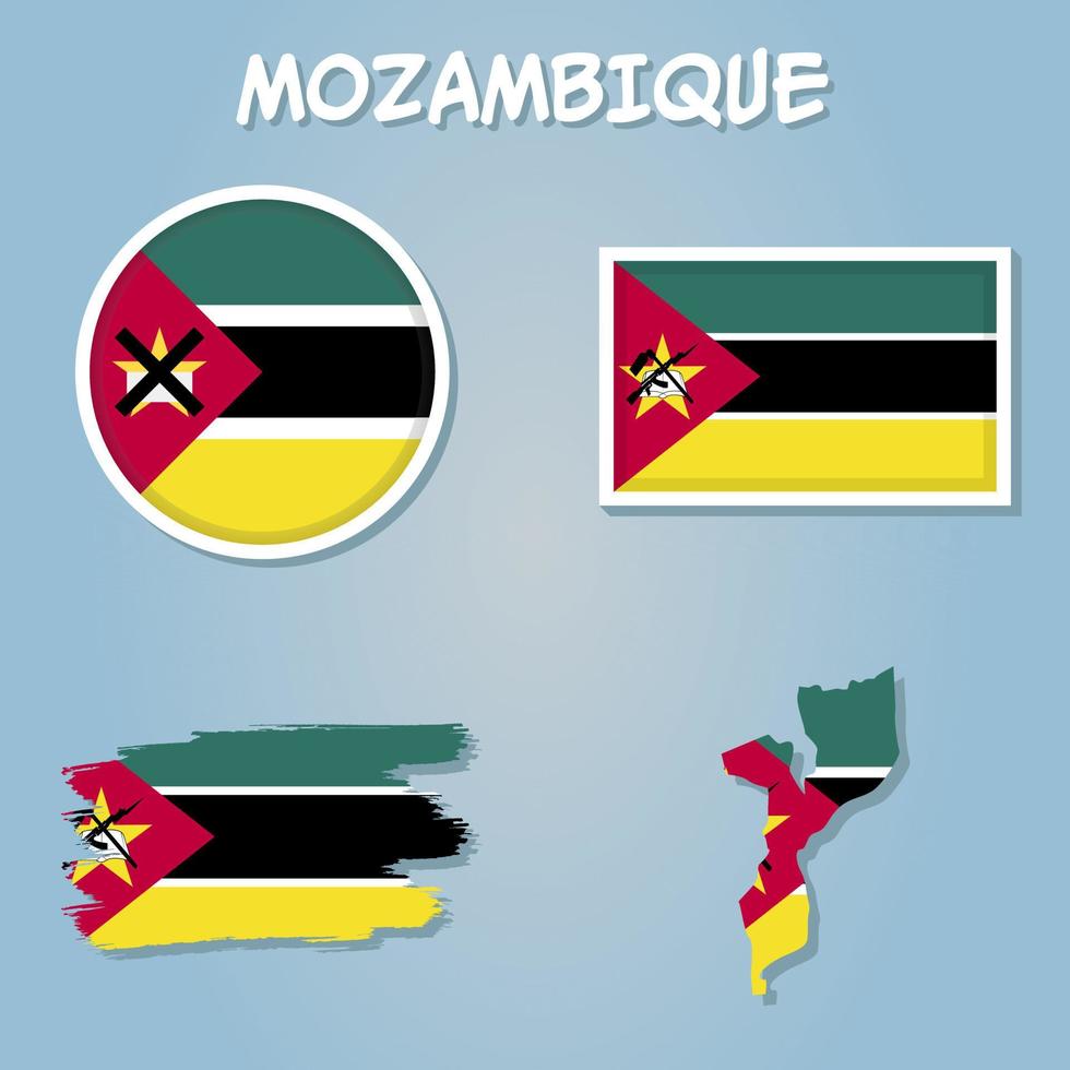 Flag and national coat of arms of the Republic of Mozambique overlaid on detailed outline map isolated. vector