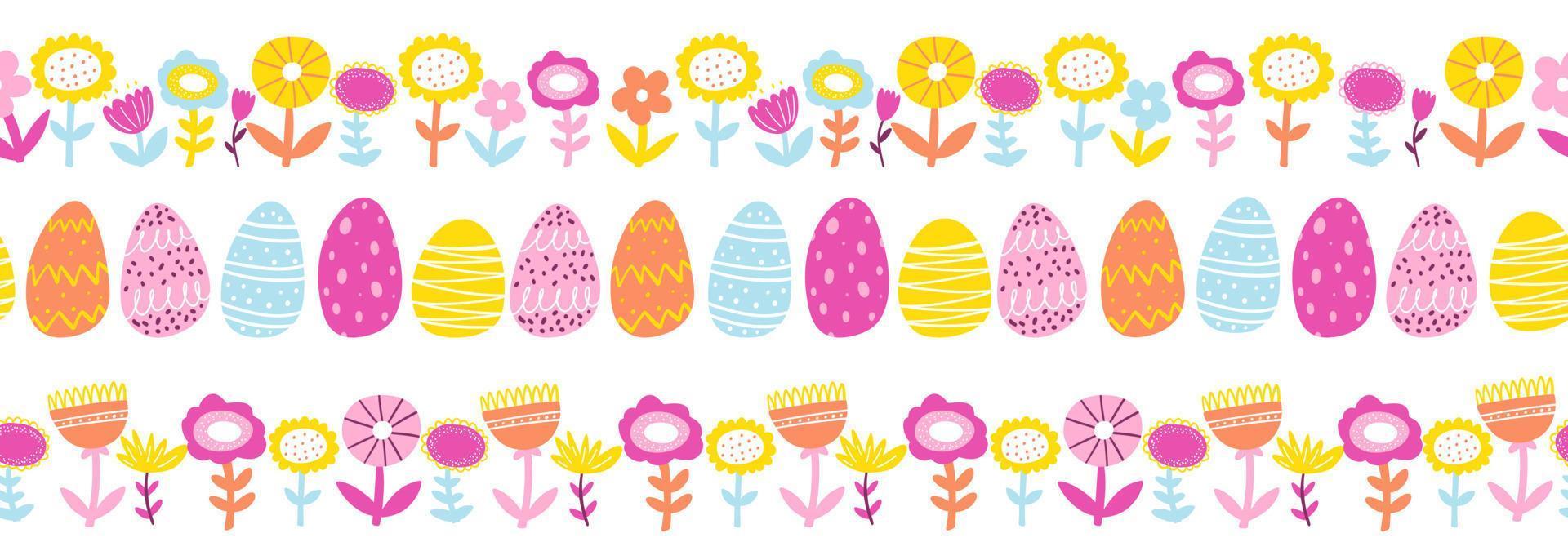 Colorful hand drawn Easter horizontal seamless border, pattern, cute doodle eggs and abstract plants for textiles, banners, wallpaper vector