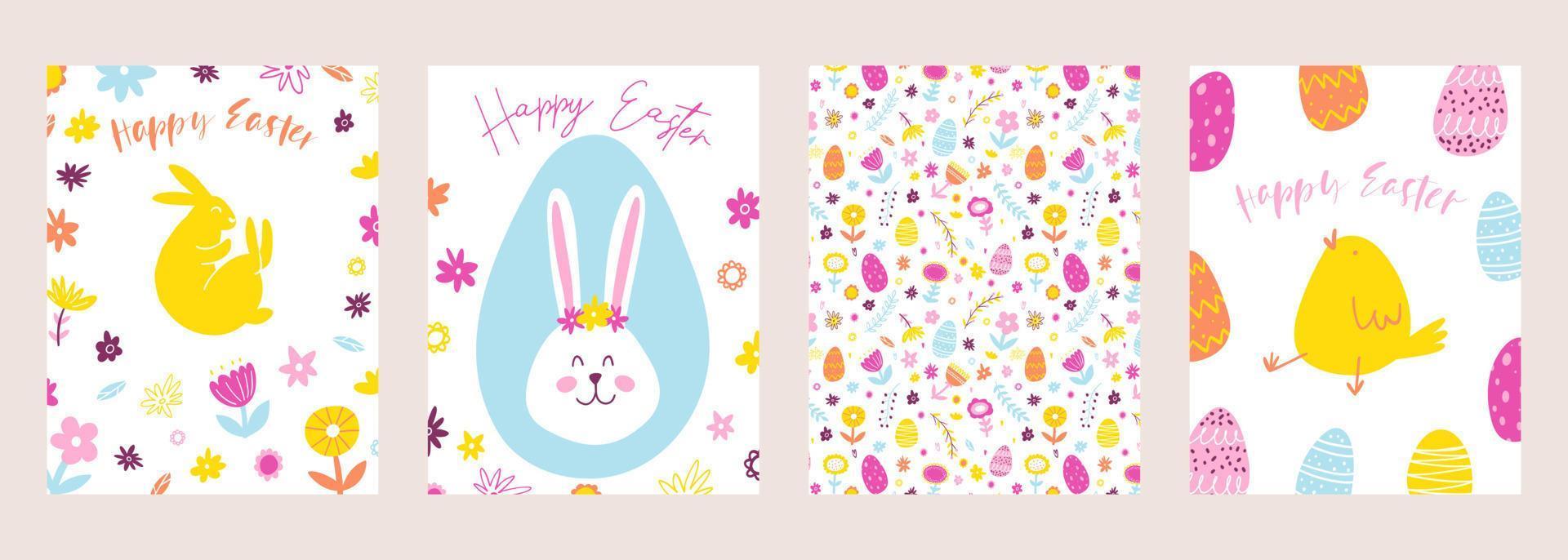 conjunto de contento Pascua de Resurrección saludo tarjetas mano dibujado vistoso plantas, conejito, pollo, huevos en moderno minimalista estilo vector